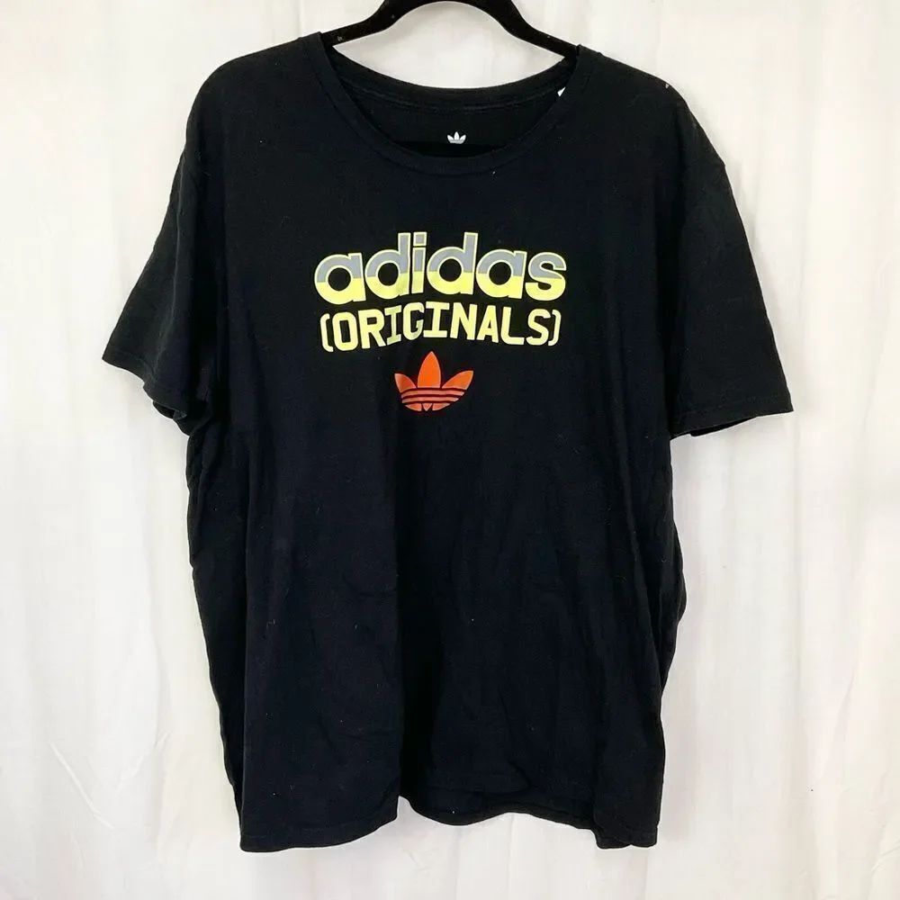 Adidas Trefoil rate large spell out logo cotton black yellow graphic T-Shirt 2XL